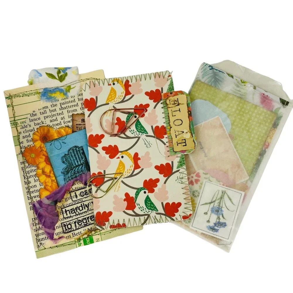 Handmade Junk Journal Mini Patchwork Fabric with Writing Board Ephemera Loaded u